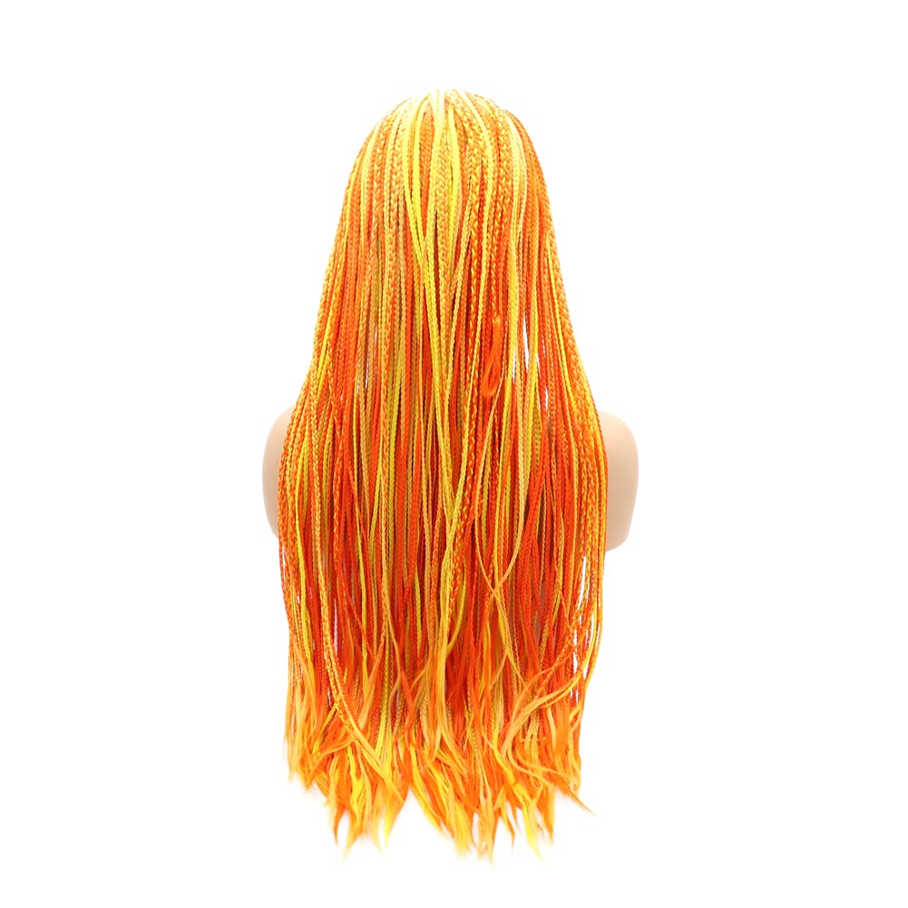Kalisa Orange Braids Lace Front Wigs Orange Mix Yellow Fully Handmade Wig Heat Resistant Fiber Box Braided Synthetic Cosplay Makeup Wigs for Women 26 Inches