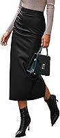 BTFBM Women's Leather Pencil Midi Skirt - Elastic Waist Ruched Bodycon Back Slit for Business Casual Wear to Work