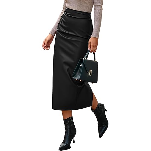 BTFBM Skirts for Women Trendy Fall 2025 Elastic Waist Ruched Bodycon Slit Pencil Midi Leather Skirt Bussiness Casual