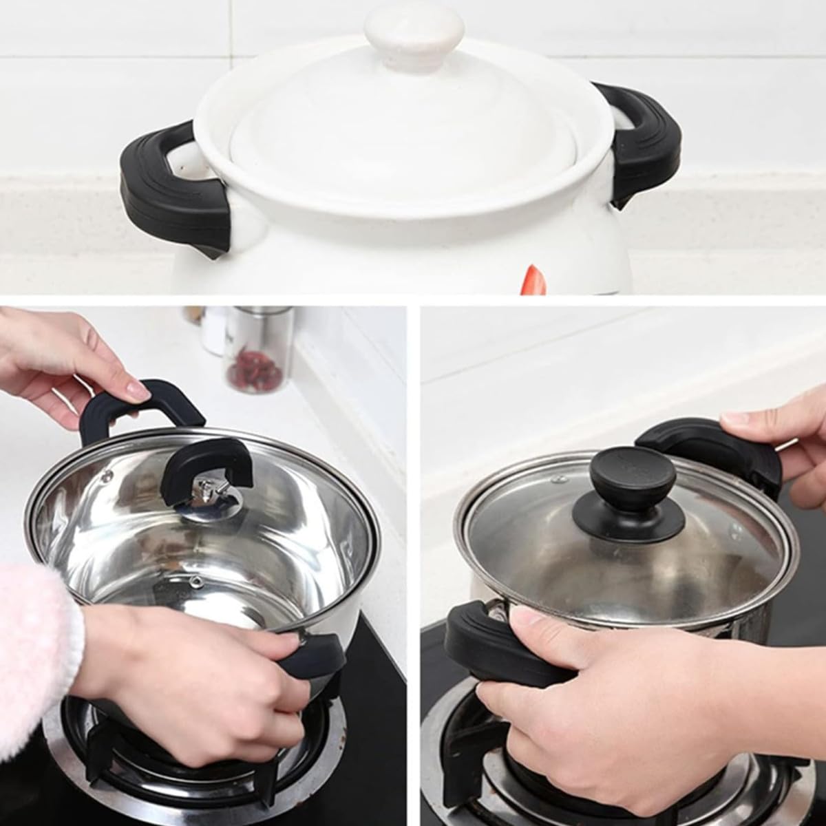 Poignée de Marmite en Silicone Résistant à la Chaleur - Lot de 2 Paires - Protège-Poignée Anti-dérapant et Isolant pour Casserole, Poêle, Wok, Plat Four et Ustensiles de Cuisson,Noir