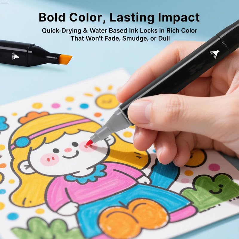 Image of Dual Tip Colorful Art Markers 24 Colors Sketch Pens With Carry Bag For Painting Sketching Calligraphy Drawing,Chisel & Fine Tip Water Based Colouring Marker For Kids & Adult,Multicolor (24)