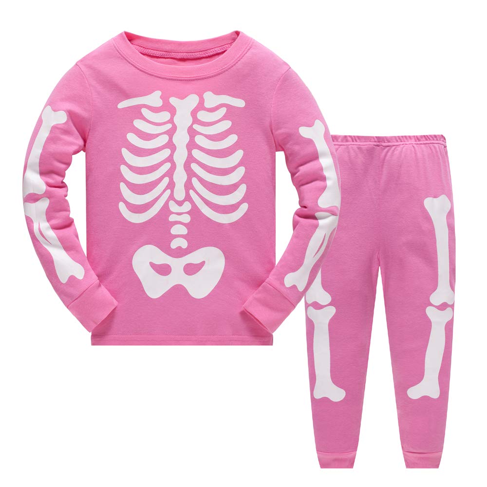 Litbud Girls Skeleton Kids Halloween Pajamas Sleepwears 2Pcs Long Sleeves Pjs Nightwear Tops + Pants Sets For Toddler Size 4-5 Years 5T