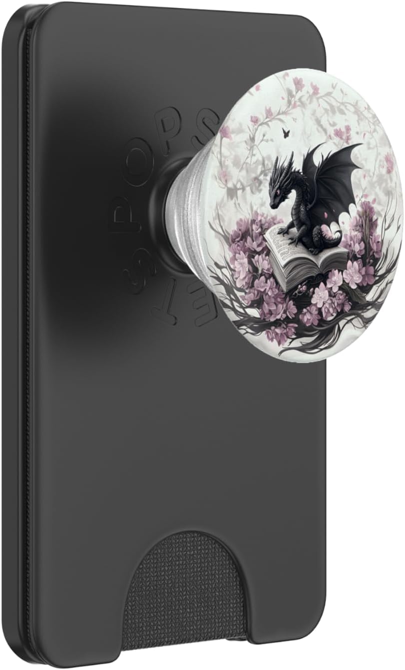Ethereal Dragon on Book with Pink Flowers Dark Fantasy Art PopSockets PopGrip for MagSafe