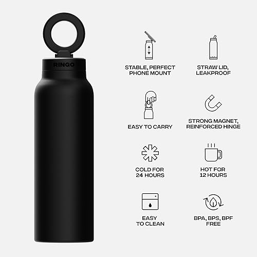Miniatura 9 de Ringo PRO - Botella de agua con soporte magnético para teléfono y tapa con popote, botella de acero inoxidable aislada para entrenamientos, creación