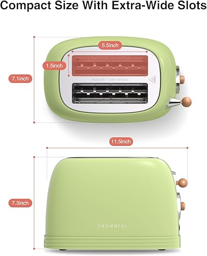 Miniatura 3 de CROWNFUL Tostadora de 2 rebanadas, tostadora de ranuras extra anchas, acero inoxidable retro con bagel, cancelación, descongelación, función de