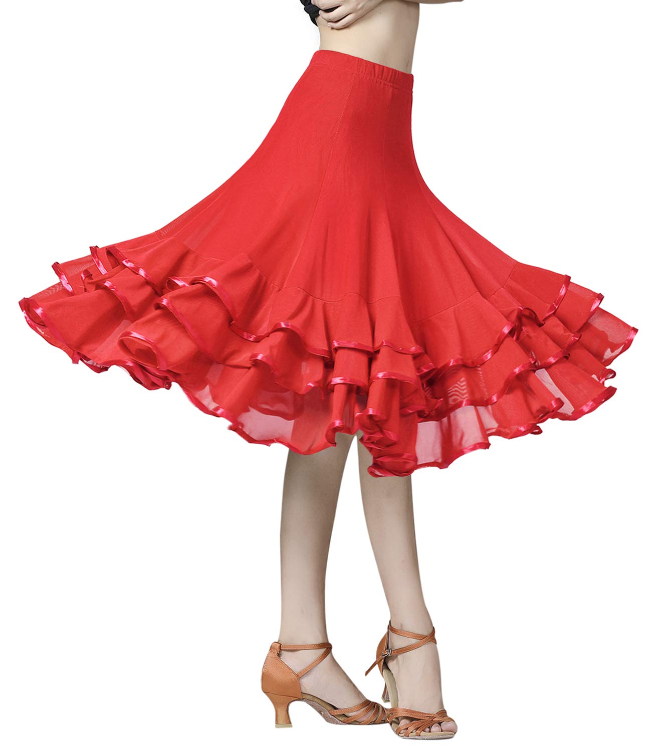 Z&X Women's Ballroom Dancing 364 Degree Long Swing Latin Salsa Rumba Flamenco Dance Skirts for Practice Red