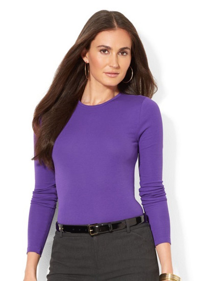 elegance1234 Ladies Round Neck Full-Sleeve Cotton Plain Tops- Attractive Colours (Large UK14 (42), Purple)