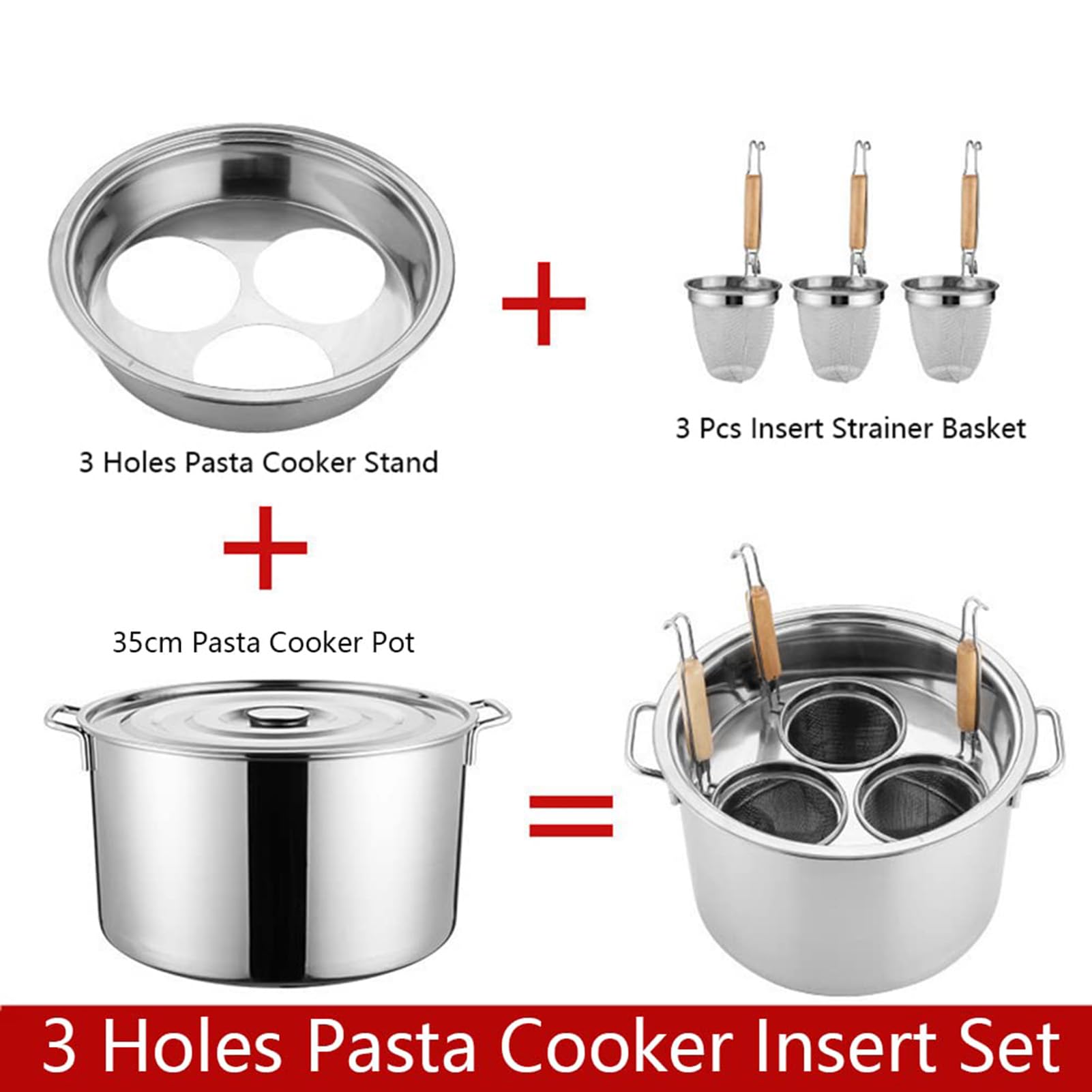 Set di Inserti per cuocipasta, pentole per Pasta a 3/4/5 Fori con cestello colino per Cucina Domestica, Ristorante, Cucina Commerciale (3 Fori)