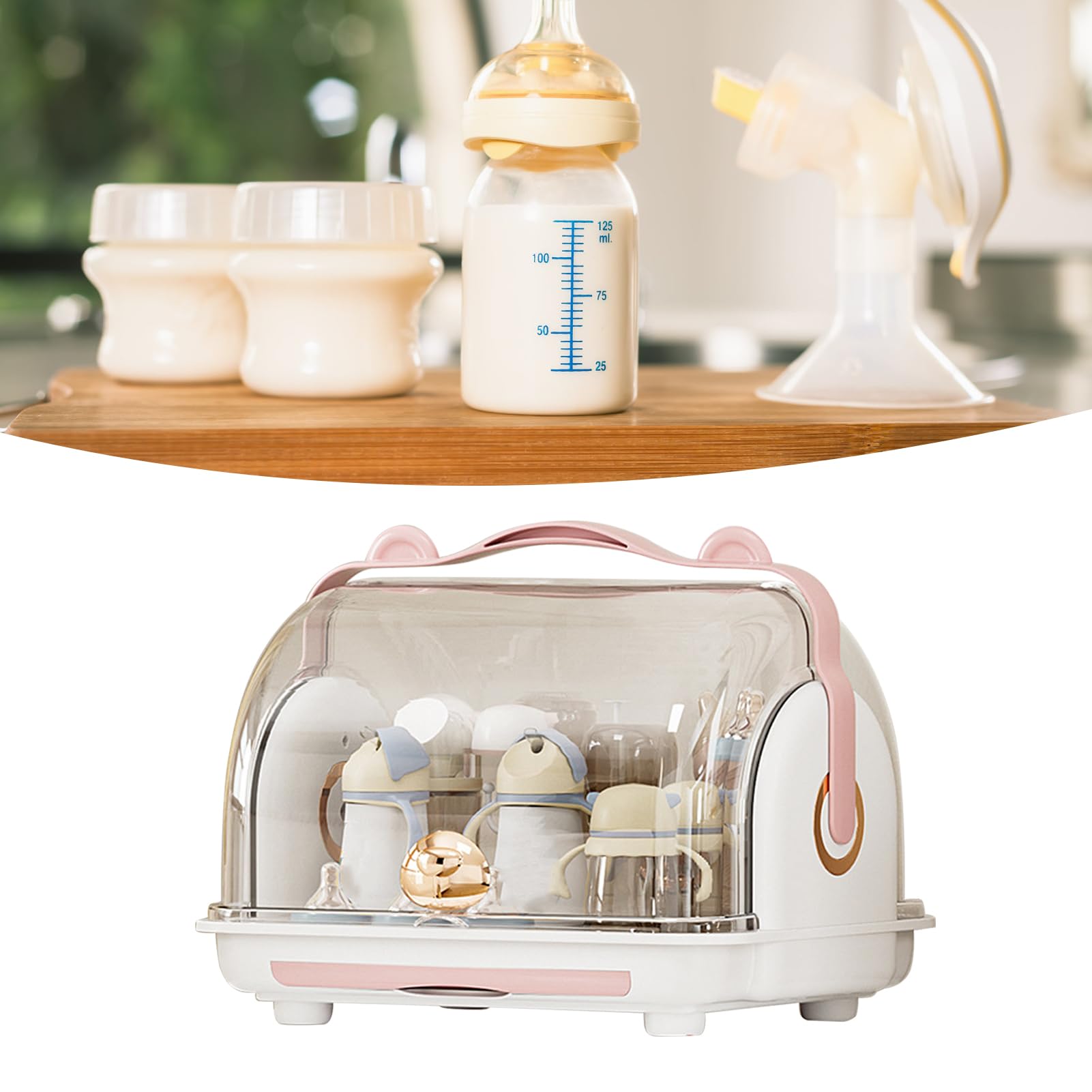 Keenso Support de Séchage de Biberons, Boîte de Rangement Anti-poussière avec Couvercle, Organisateur en Plastique Simple pour la Cuisine, Vaisselle pour Tout-petits (PINK)