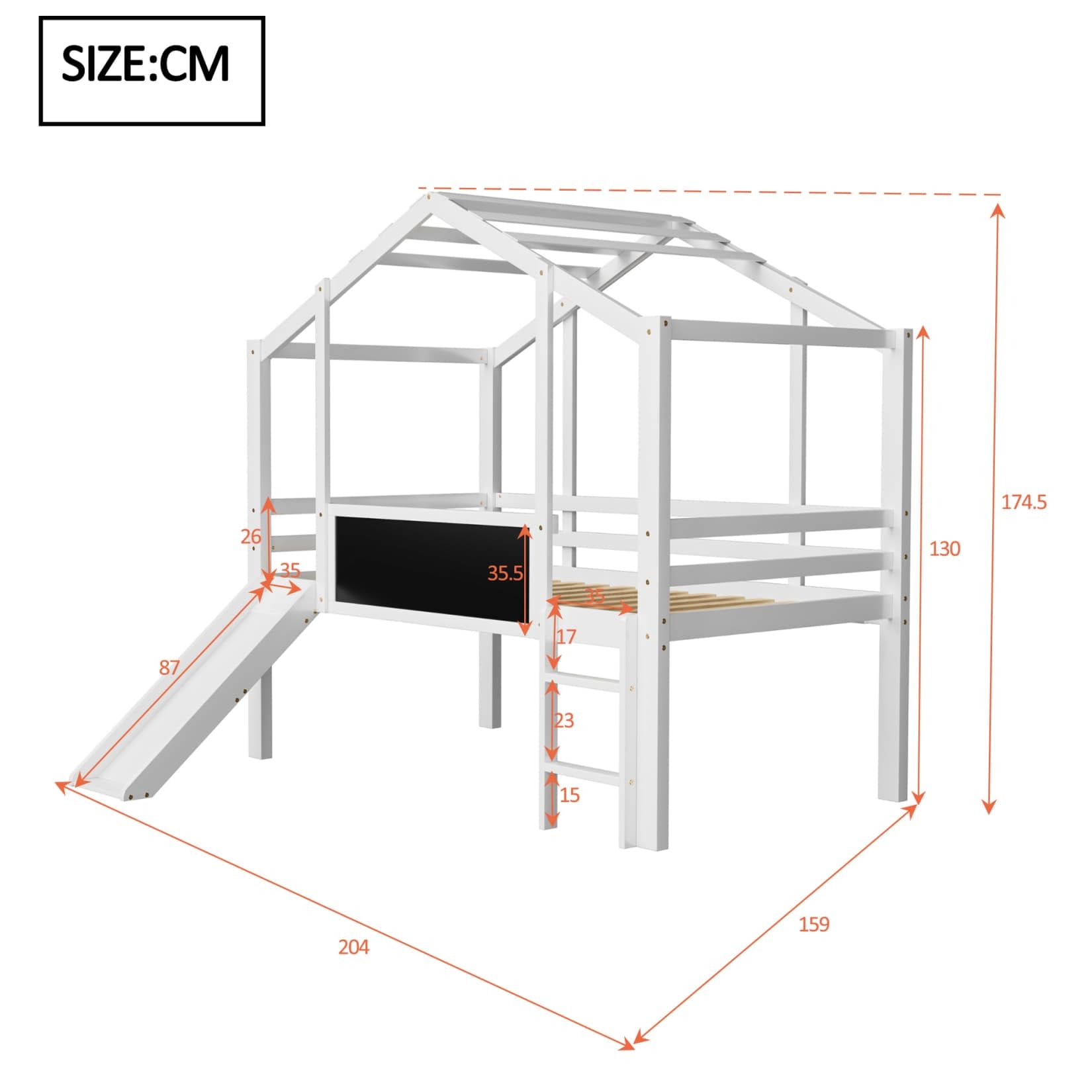 Lit Mezzanine 1 Place 90x200cm,Lit Cabane Enfants avec Toboggan,Tableaux Blancs,Haute Barrière,Sommier à Lattes Solide,Pin,pour Enfants Adolescents,sans LED/Matelas(Blanc)
