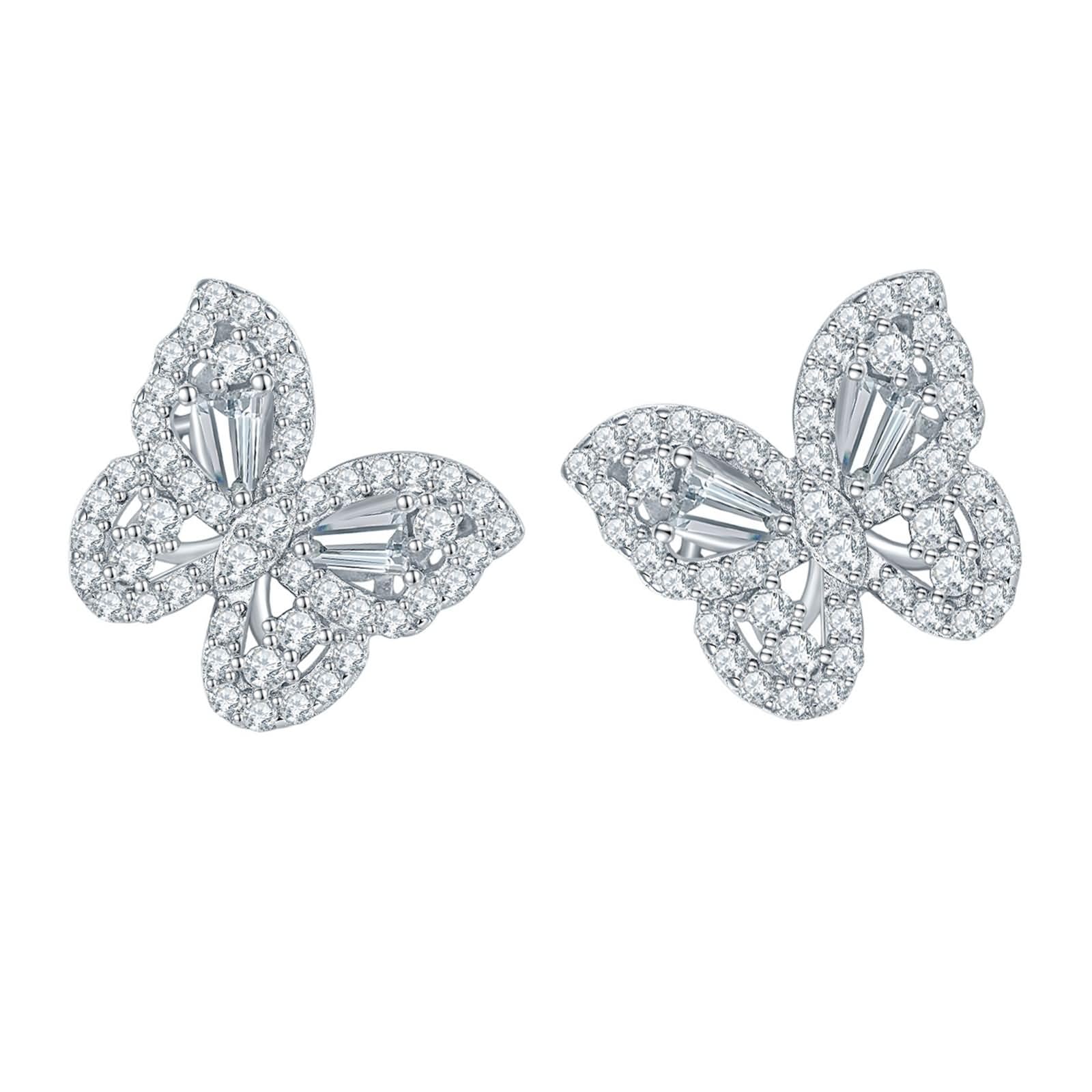 Ohrringe Weißgold 9K / 14K / 18 K für Damen, Schmetterling mit Moissanit, Ohrringe Silber Damen für Hochzeit