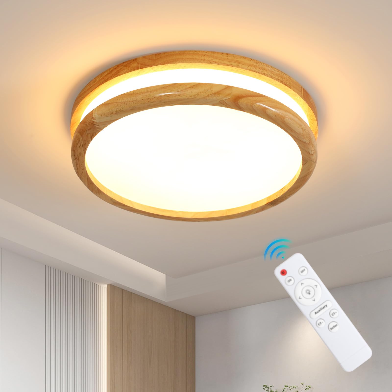 Plafon LED Techo Regulable 24W 2700LM Lámpara de Techo con Mando a Distancia, 3000K-6500K Lampara LED Techo Moderno de Madera para Dormitorio, Salón, Pasillo, Oficina