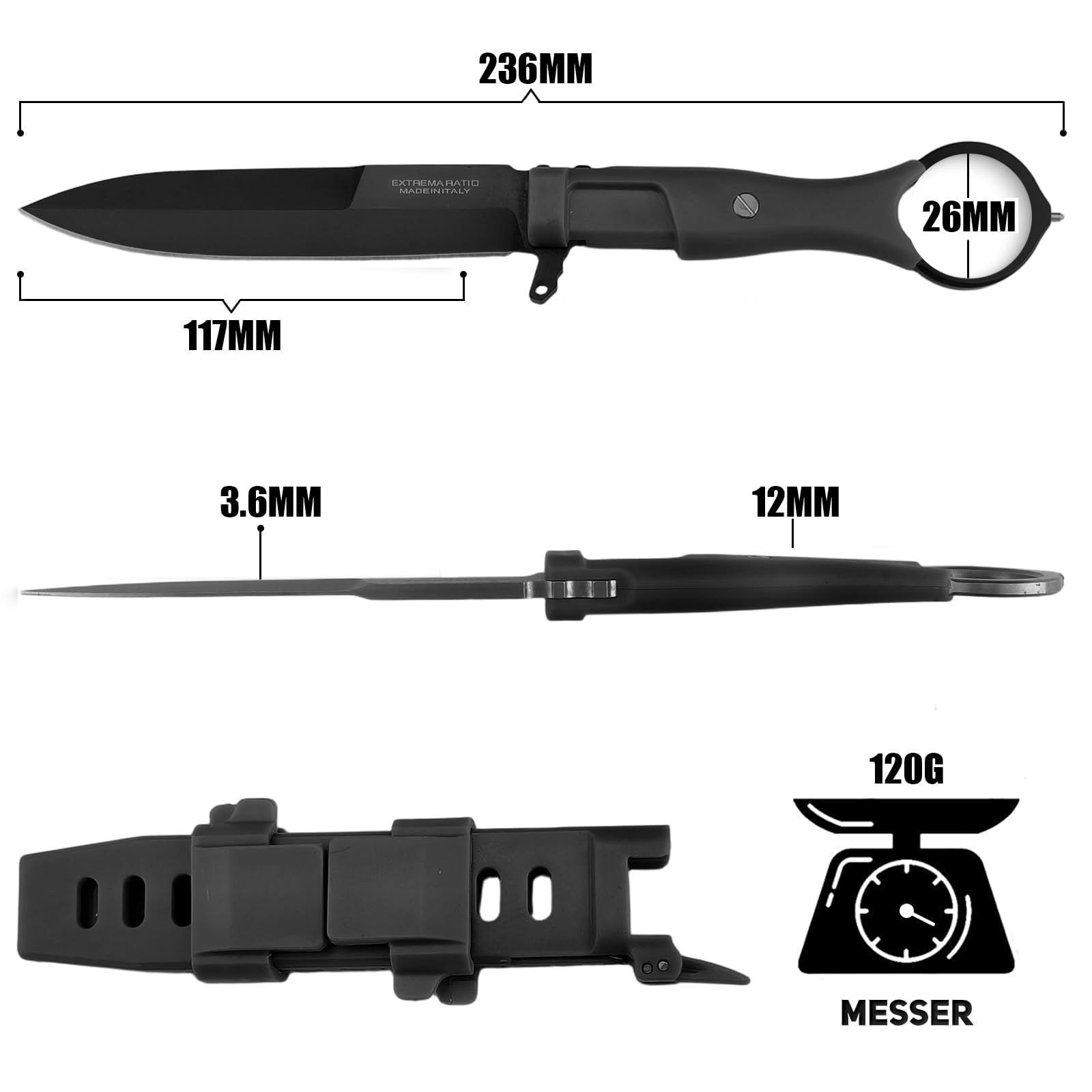 Outdoor Messer Survival mit Scheide, Nylonfaser Griff und 8Cr13Mov Stahl Klinge, Feststehendes Messer mit Full-Tang Design,Geschenk für Männer(Schwarzes Griffstück, schwarze Klinge)