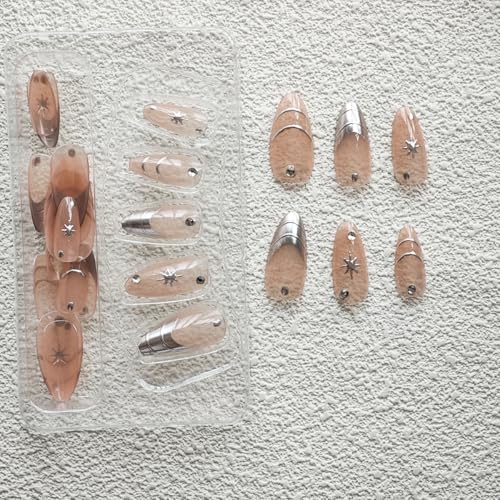 Image of Silver Press on Nails Medium Almond Fake Nails Nude Glossy False Nail with Design Shiny Rhinestone Glue on Nails Reusable Artificial Acrylic Full Cover Star Stick on Nail for Women Manicure 24Pcs
