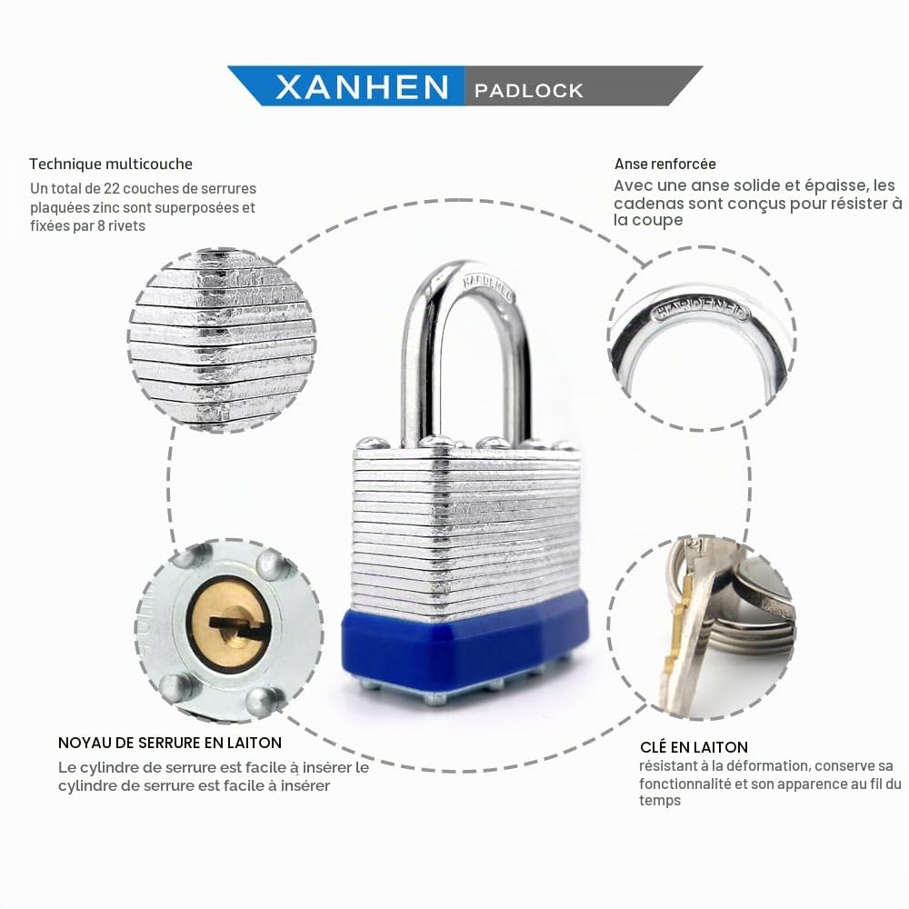 Lot de 12 cadenas d'extérieur à clé avec la même clé – Cadenas à clé en acier laminé avec anse normale, pour loquet à moraillon, abris de jardin, clôtures, casier de rangement, école, salle de sport