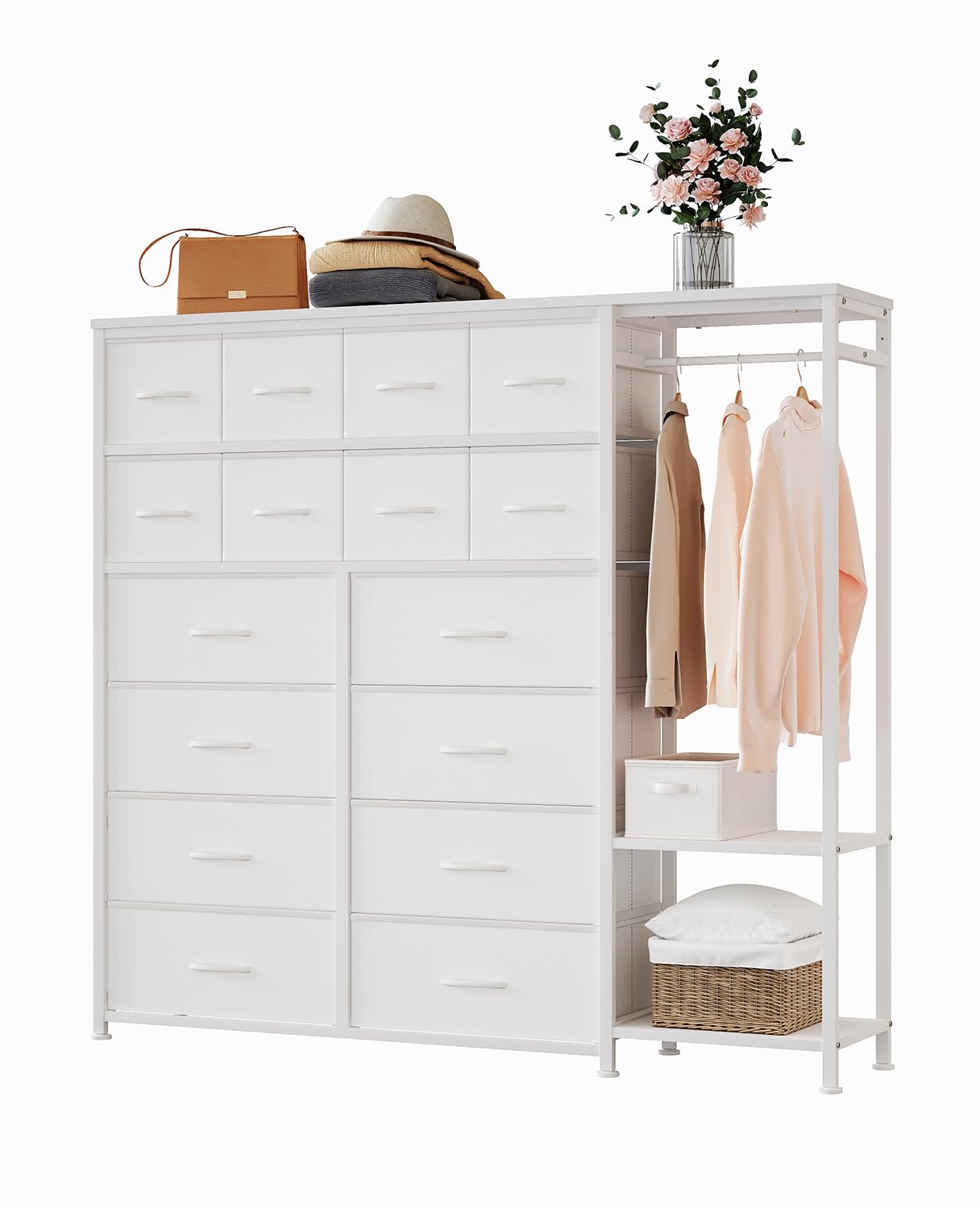 Garvee Commode De Rangement 16 Tiroirs avec Penderie Et Étagères – Organiseur en Tissu pour Chambre, Dressing Ou Entrée, Blanc