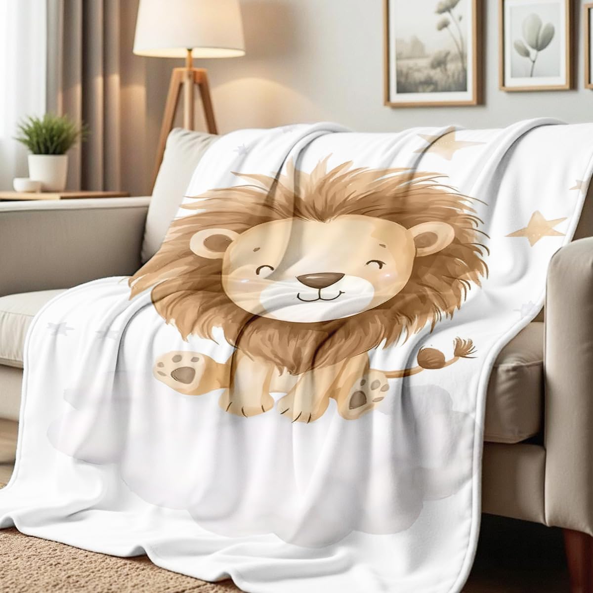 Cute Animal Throw Blanket for Couch Bed Cartoon Animal on Cloud Print Flannel Blanket Elephant Giraffe Lion Gifts Soft Kids Bedding (49"x59")