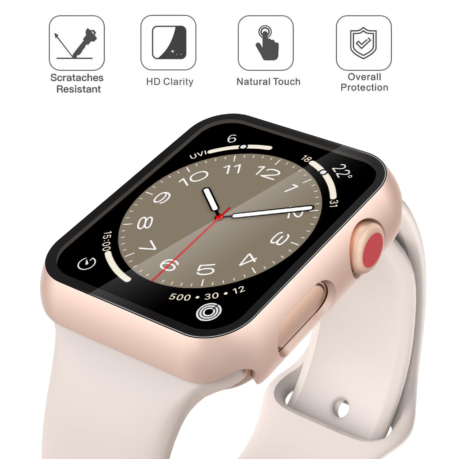 Misxi Schutzhülle für Apple Watch Serie 3 / Serie 2, 42 mm, gehärtetes Glas, harter PC-Displayschutz, Gesamtschutz, kratzfeste Abdeckung für iWatch, 2 Stück, 1 Roségold + 1 Transparent