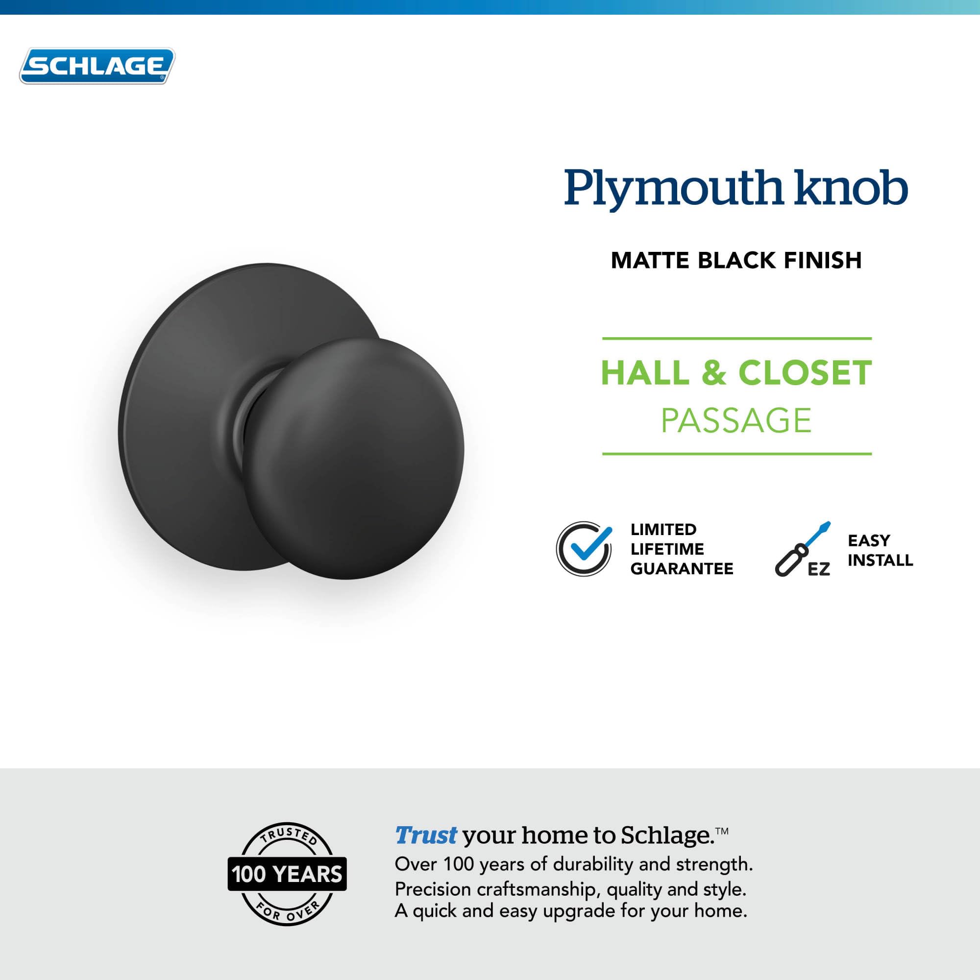 Schlage Plymouth Matte Black Door Knob - Passage Lock -3