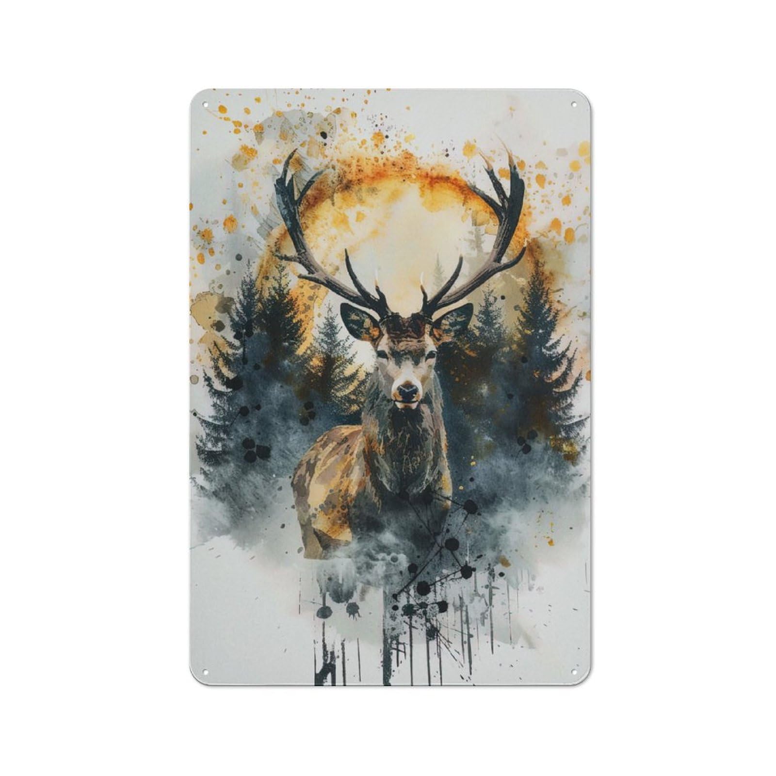 Retro Metal Wall Sign 30x20cm with Deer Watercolor for Hallway Wall, Gift for Wall Display Collectors during The Christmas Season