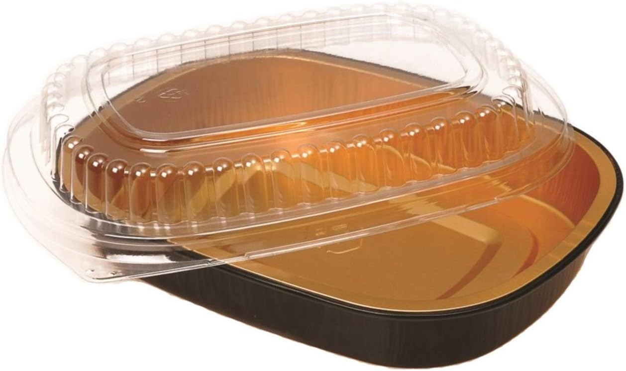 Small 23 oz. Black & Gold Aluminum Foil Smooth-Wall Pan with Clear Dome Lid - For Meal Prep Microwaveable Disposable Heavy Duty (Pack of 20 Sets)