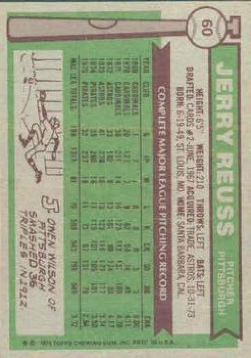 Amazon.com: 1976 Topps #60 Jerry Reuss Pittsburgh Pirates MLB Baseball Card  EX/NM : Collectibles & Fine Art