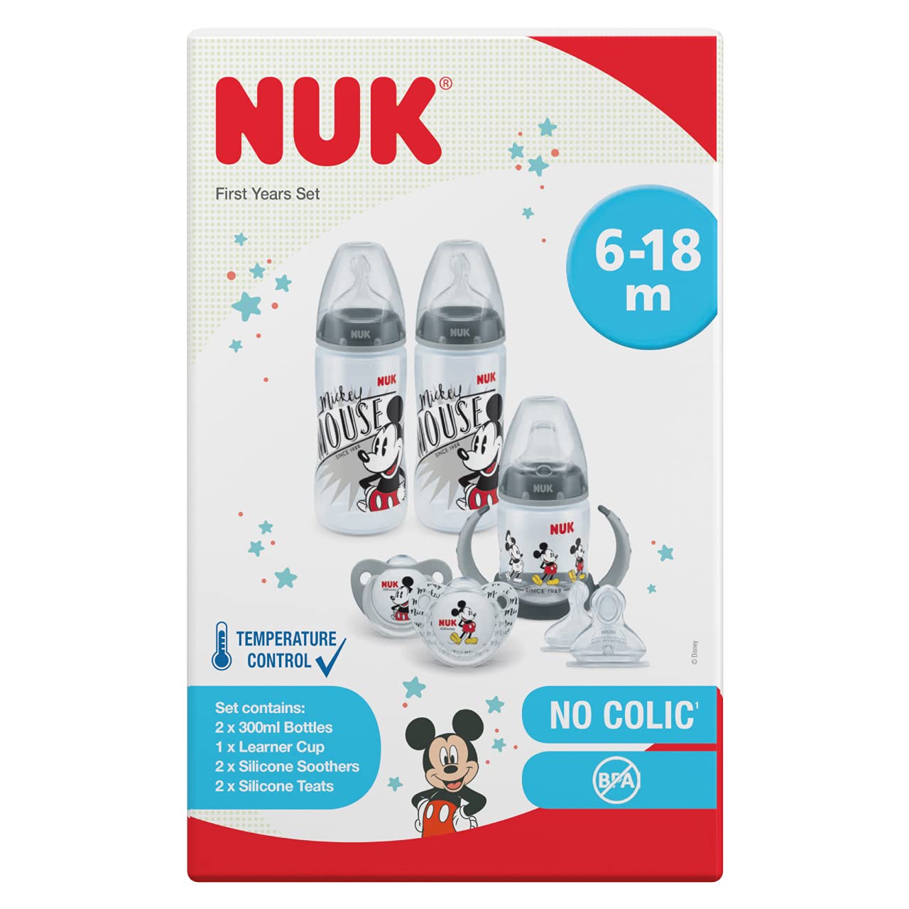 NUK Disney First Choice+ First Years Set | 6-18 Months | Temperature Control | 2 x 300 ml Bottles, 1 x Learner Cup, 2 x Soothers, 2 Teats | Anti-colic Vent | BPA-Free | Mickey Mouse | 7 Count