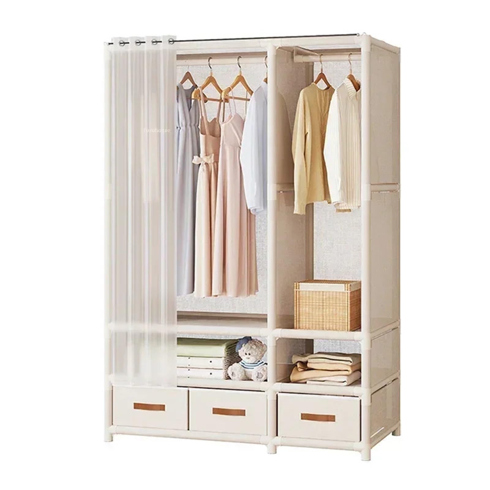 Leinwand-Kleiderschrank Moderner mehrschichtiger Stoff-Kleiderschrank mit offenen Schubladen, tragbarer Kleiderschrank for Zuhause, Schlafzimmer, Kleiderbügel-Aufbewahrung(White-no Drawer-A)
