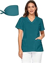 2Pcs Women's Scrubs Set with Scrub Caps Cute Printed V Neck Tops with Pockets Soft Durable Medical Nurse Uniform