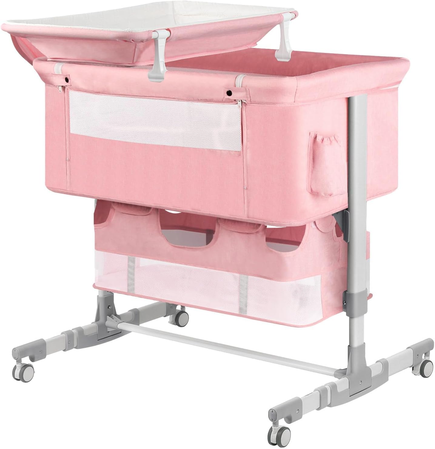 Baby Bassinet Bedside Sleeper with Diaper Changing Station + Mosquito Net + 16gallon Capacity Storage, Adjustable & Portable Bassinet Cosleeping Baby Bed (Pink)