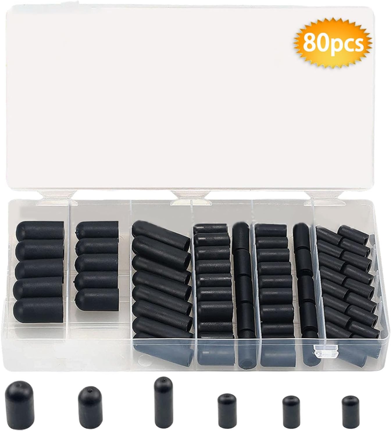 Rubber Vacuum Caps, 80 Piece 8.07x4.06x1.26 Inch Boxed Assortment, 6 Sizes for Carburetors, Manifolds, Automotive Leak Repairs, Engines