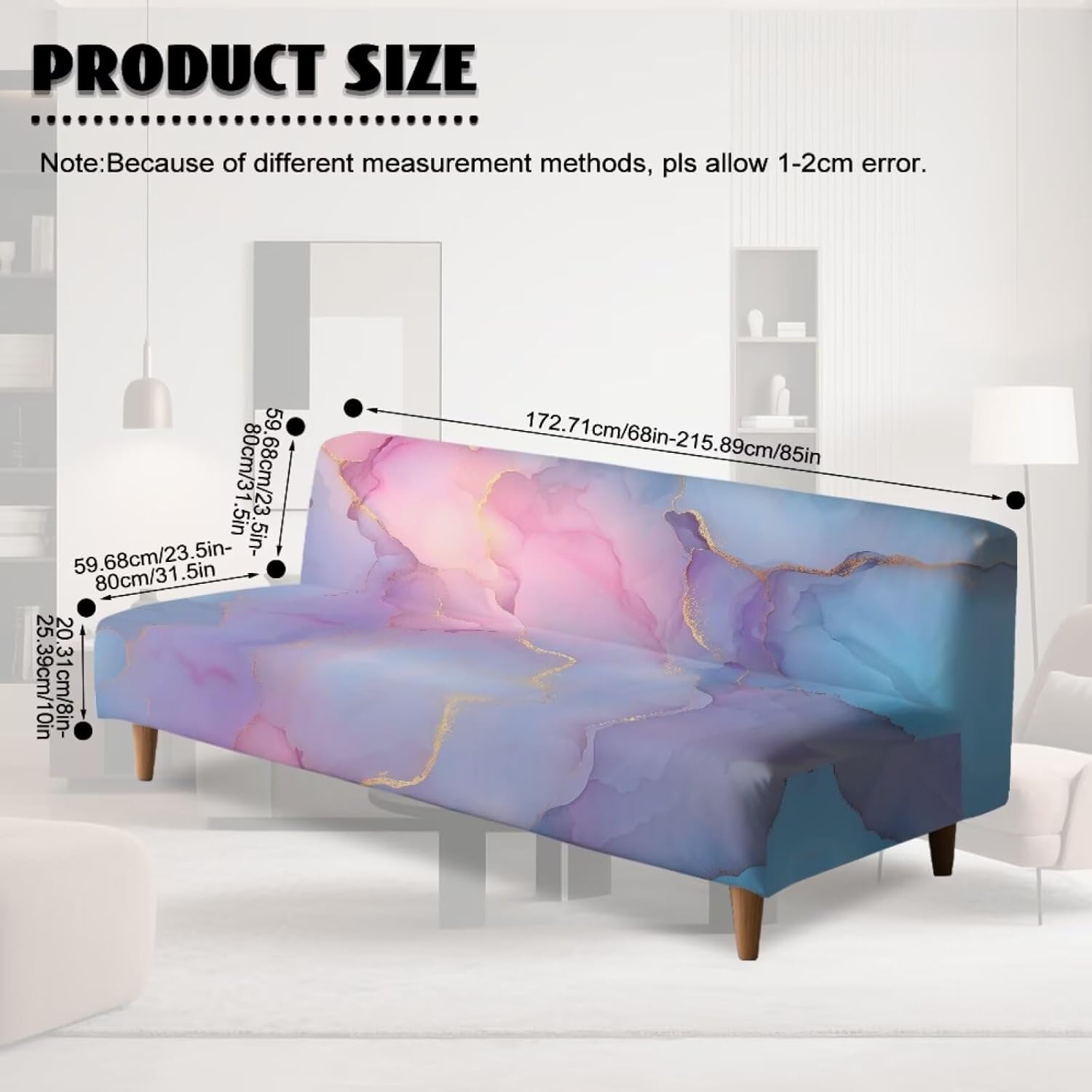 Futon Cover Washable Stretch Armless Sofa Cover Futon Slipcover Without Armrests Stain-Resistant Furniture Protector for Folding Sofa Bed Decor, Marble Blue Pink Violet Gold