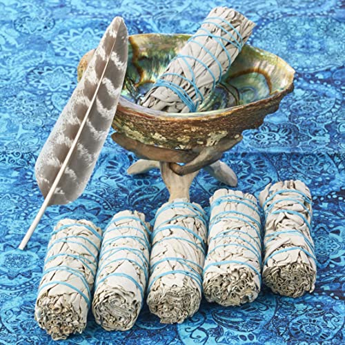 6 White Sage Smudge Kit with Feather + Abalone Shell + Stand + Instructions for Use | Spiritual Use Smoke Cleanse Ceremony Sage Bundle Smudging Kit (6 Sage Smudge Kit)