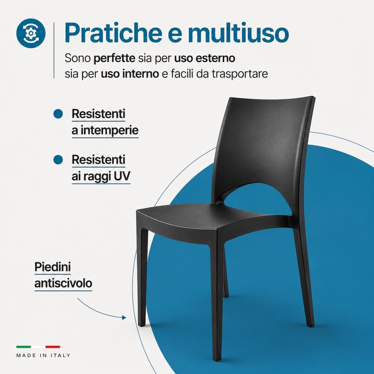 Tomaino Sedia da Giardino in Plastica Paris - Sedia Impilabile Resistente per Interno ed Esterno - Polipropilene con Fibra di Vetro - Ideale per Casa, Terrazzo, Bar e Ristoranti (6, Nero)