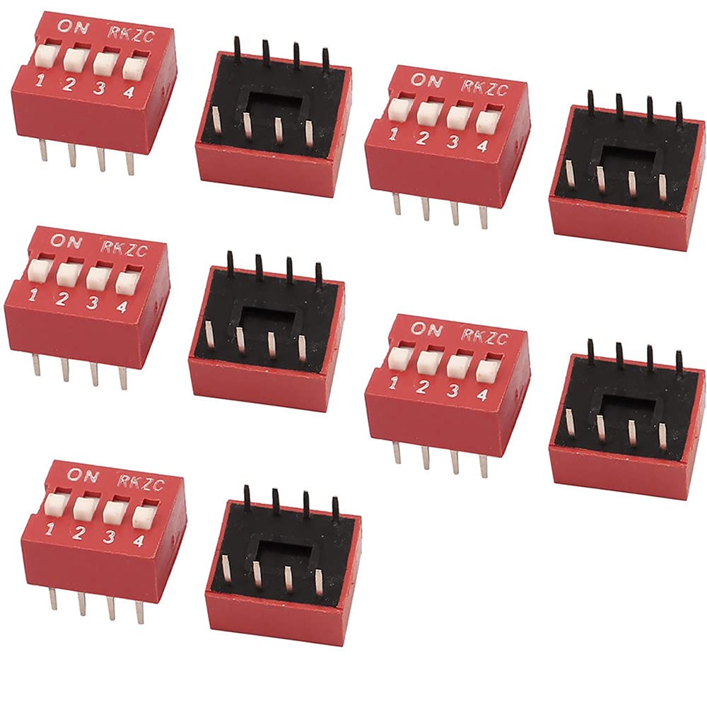 Double Row DIP Switch, 4 Position Way 2.54mm Pitch PCB Circuit Slide Type Toggle Switch, Red, Set of 10