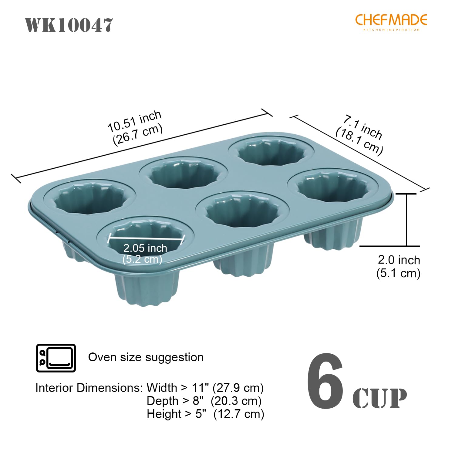 CHEFMADE Canele Mold Cake pan, 6-Cavity Muffin Pan, Non-Stick Cupcake Baking Pan Heavy Duty Carbon Steel Pan Muffin Tins Standard Baking Mold for Oven Baking?Green?