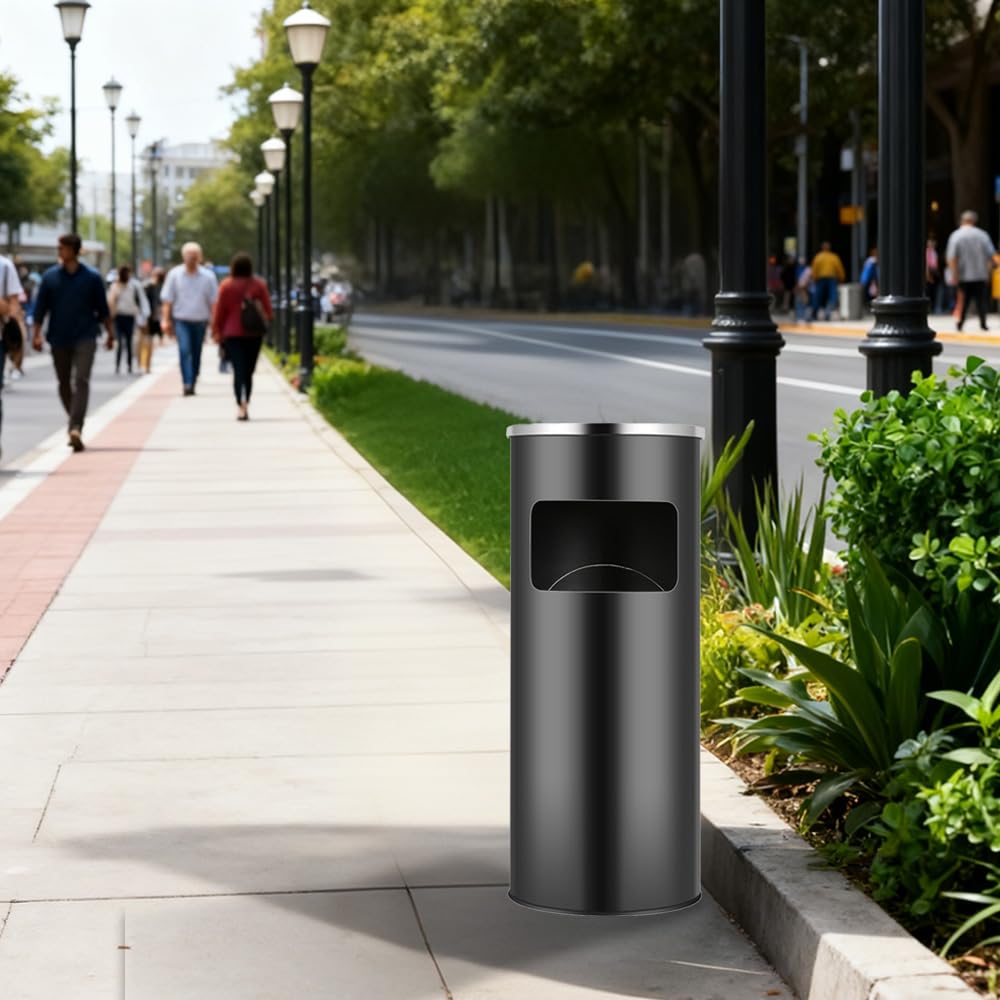 Supfine Cenicero de pie con cubo de basura de 30 litros, cubo de basura de cocina con cubo interior, de acero inoxidable, cenicero exterior para restaurante, jardín, pub, club (2, negro – redondo)