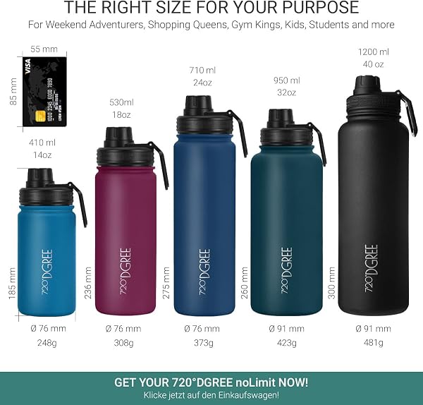 720°DGREE Vaccum Insulated Water Bottle “noLimit“ - 410ml, 530ml, 710ml, 950ml, 1200ml - Leakproof, BPA-Free, Thermo Stainless Steel Flask - Sports, Gym, School, Travel, Carbonated Drinks +Sports-Cap - 4
