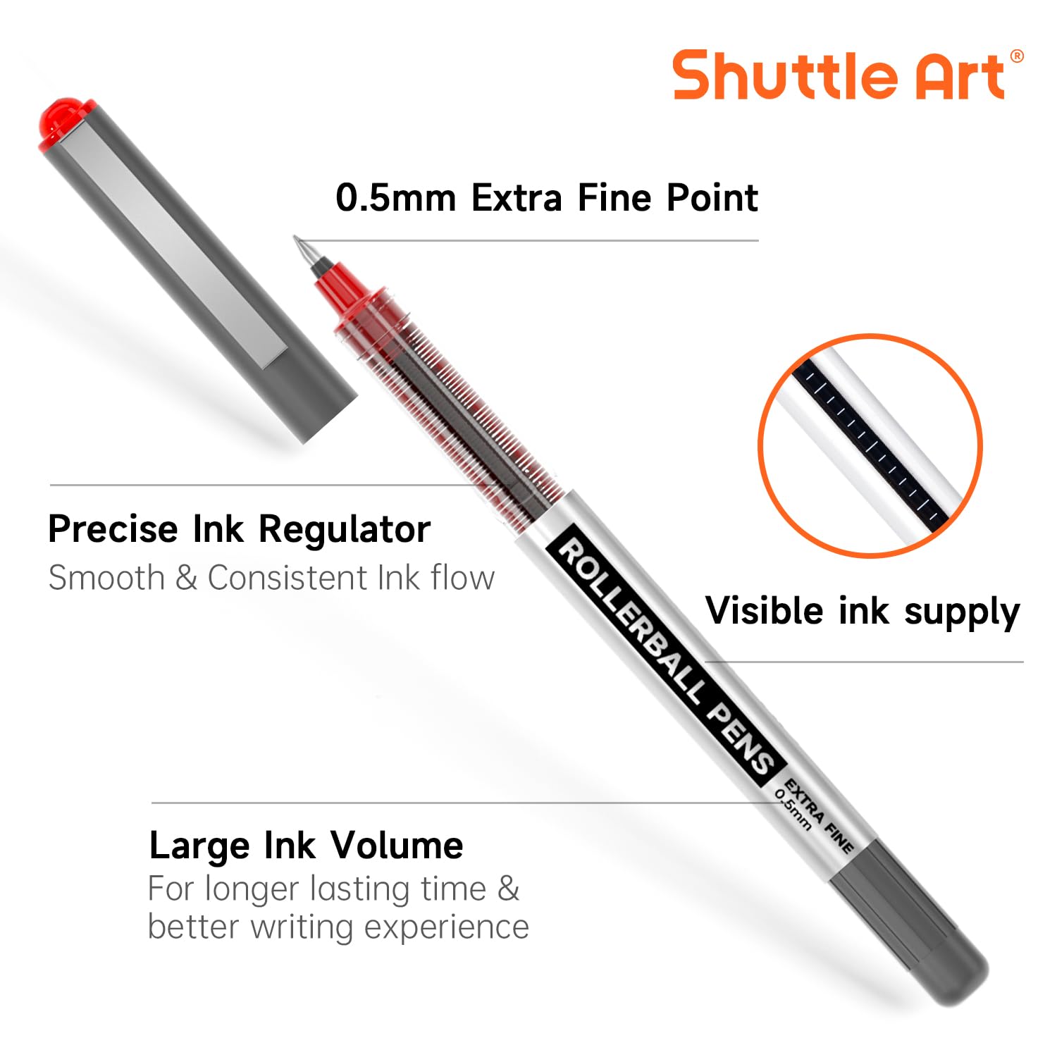 Shuttle Art Lot de 25 stylos à bille à pointe fine rouge à encre liquide de 0,5 mm pour écrire, journal, prise de notes, école, bureau