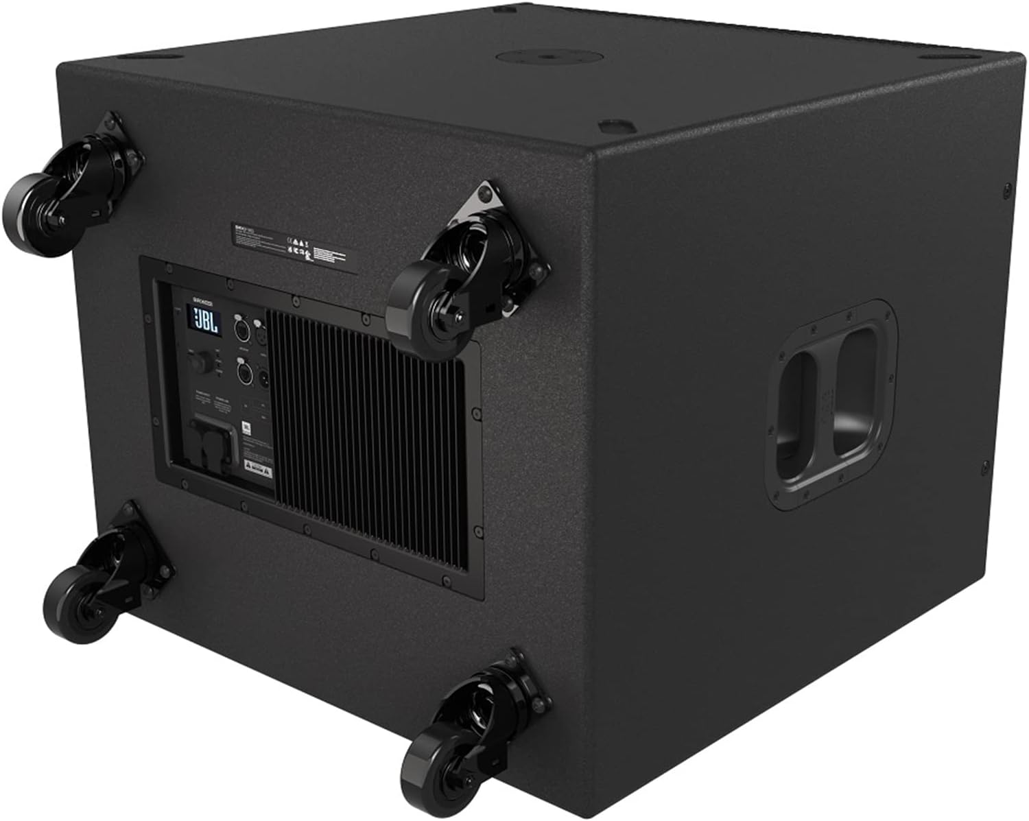 JBL SRX918S Powered Subwoofer with casters attached, showing the bottom and rear panel
