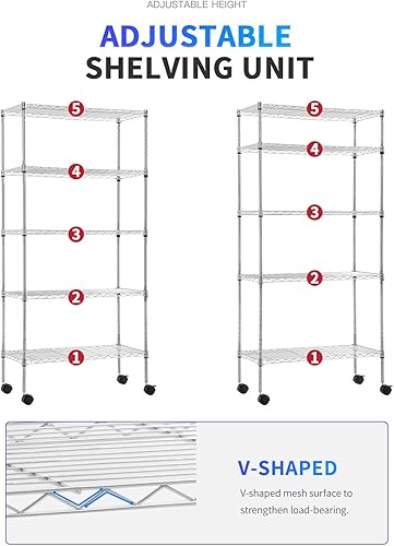Miniatura 7 de Estantería de alambre de 5 niveles, unidad de almacenamiento, estante organizador de metal resistente, estante ajustable en altura con ruedas para