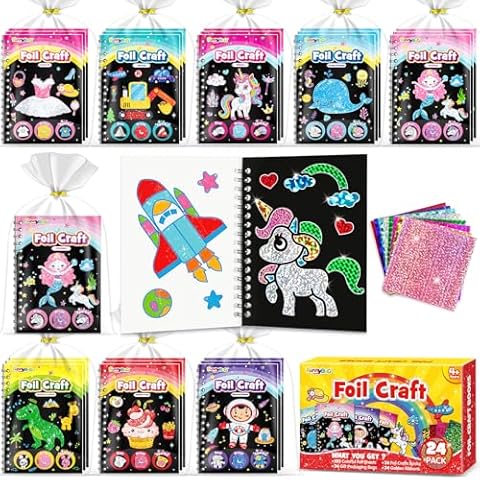 FUNNYB&G Foil Art Party Favors for Kids - 24 Pack Foil Art Crafts Kits Coloring Books, Goodie Bag Stuffers Party Favors for Kids 4-8 8-12, Bulk Birthday Classroom Prizes Girls Boys Gifts Halloween Cover
