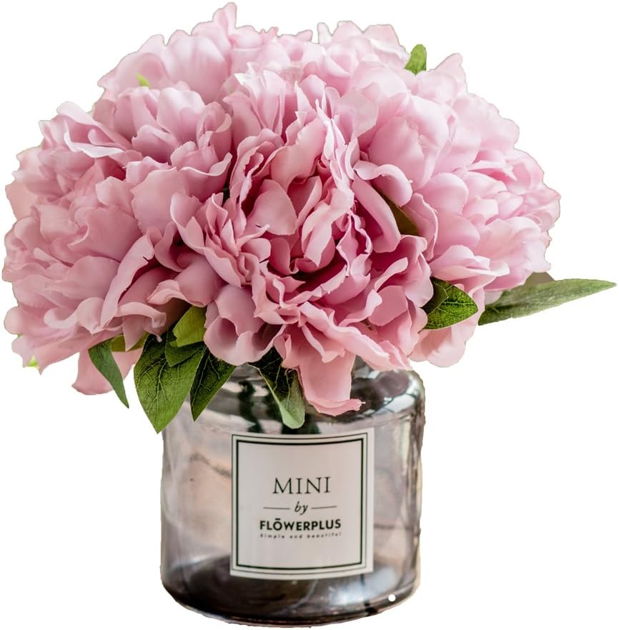 Billibobbi,Artificial Flowers with Vase, Fake Peony Flowers in Gray Vase,Faux Flower Arrangements for Home Decor,Light Lilac,Small