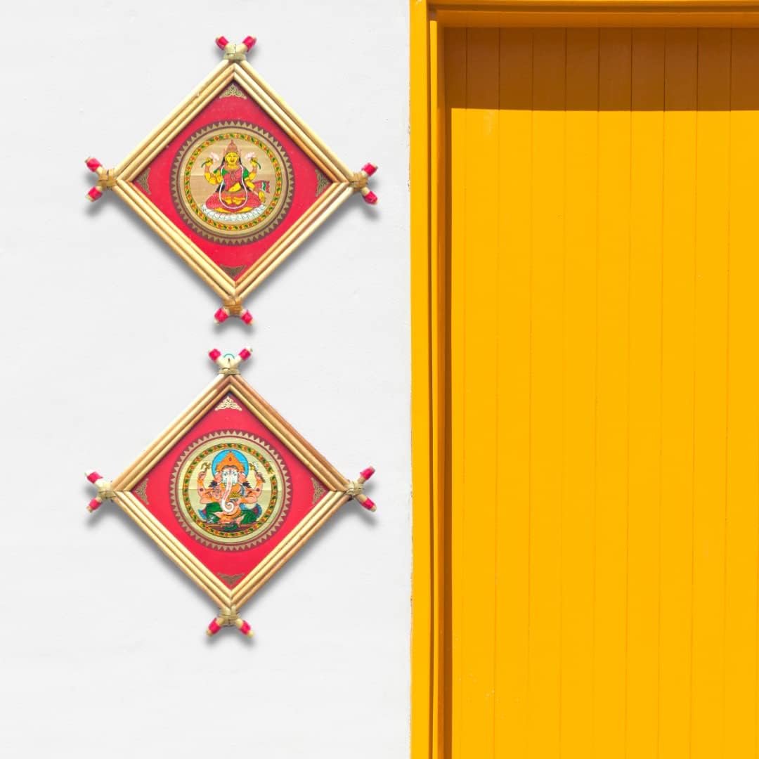 Bhumee Creations Handprinted Laxmi Ganesh Picture Frame | Handmade Frames | Pack of 2 | Size 5 Inches * 5 Inches (Solid, Red)