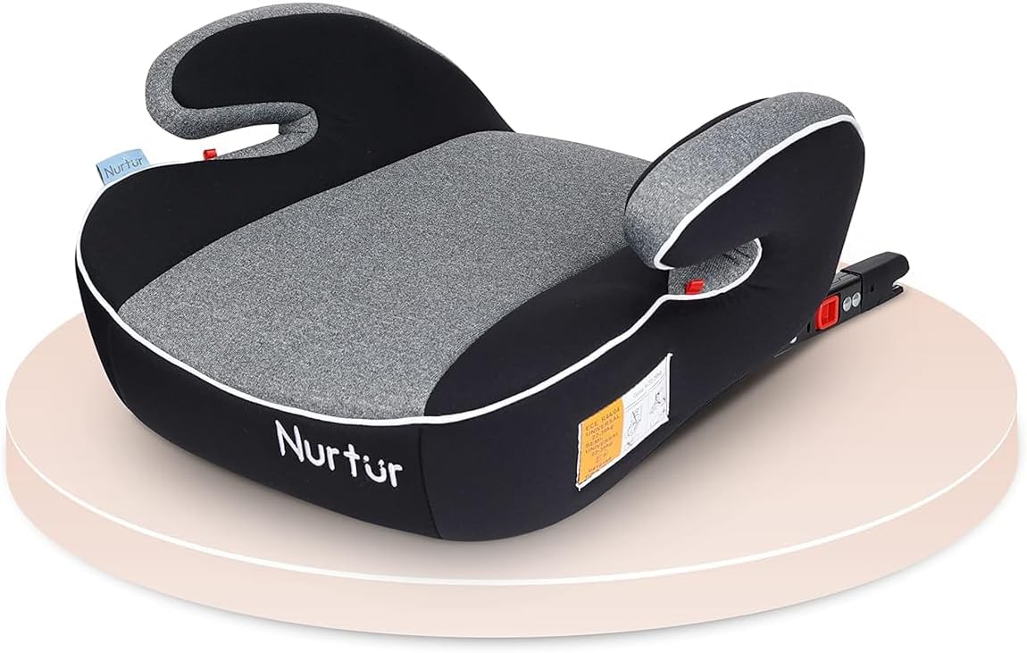 Nurtur Enzo Kids Booster Car Seat - Arm Rest Seat, Blow up Narrow Backless Booster Car Seat for Travel, Suitable from 4 years to 12 years (Group 2/3) - Light Grey/Black
