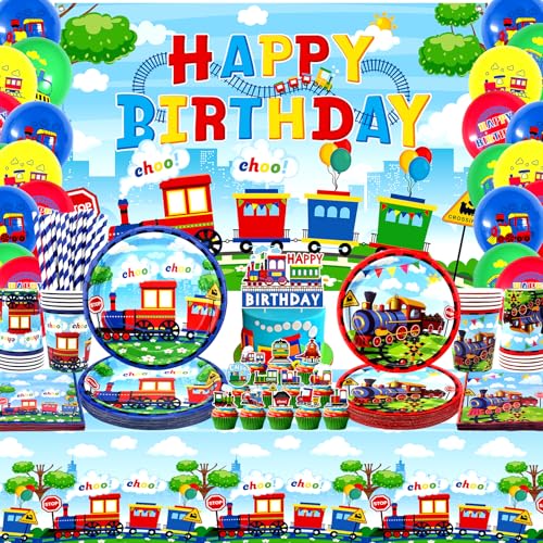 Décorations de fête en train comprenant une toile de fond « Happy Birthday », des assiettes, des décorations de cupcakes, des serviettes, des tasses, des...