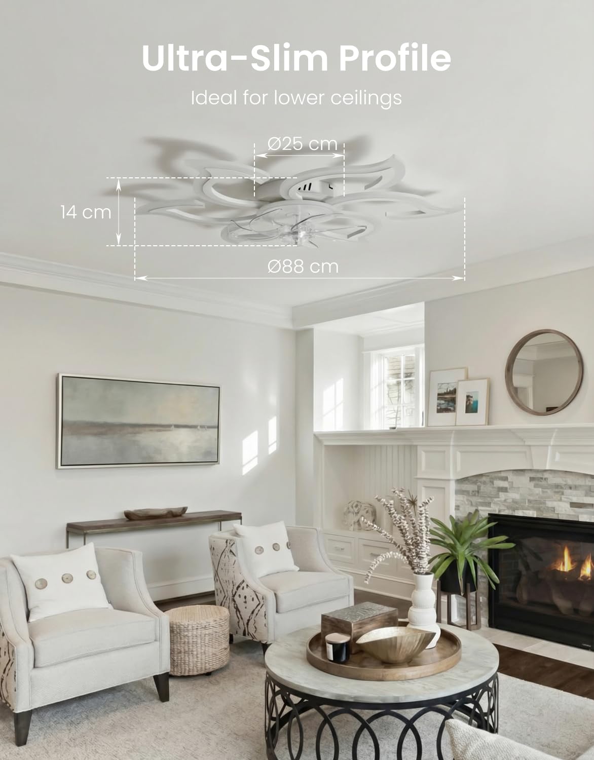 Lampada Ventilatore da Soffitto, Compatibile con Alexa Google Home, Intelligente Pale da Soffitto con Luce e Telecomando, Dimmerabile, Reversibile 6 Velocità, Motore DC, Bianco