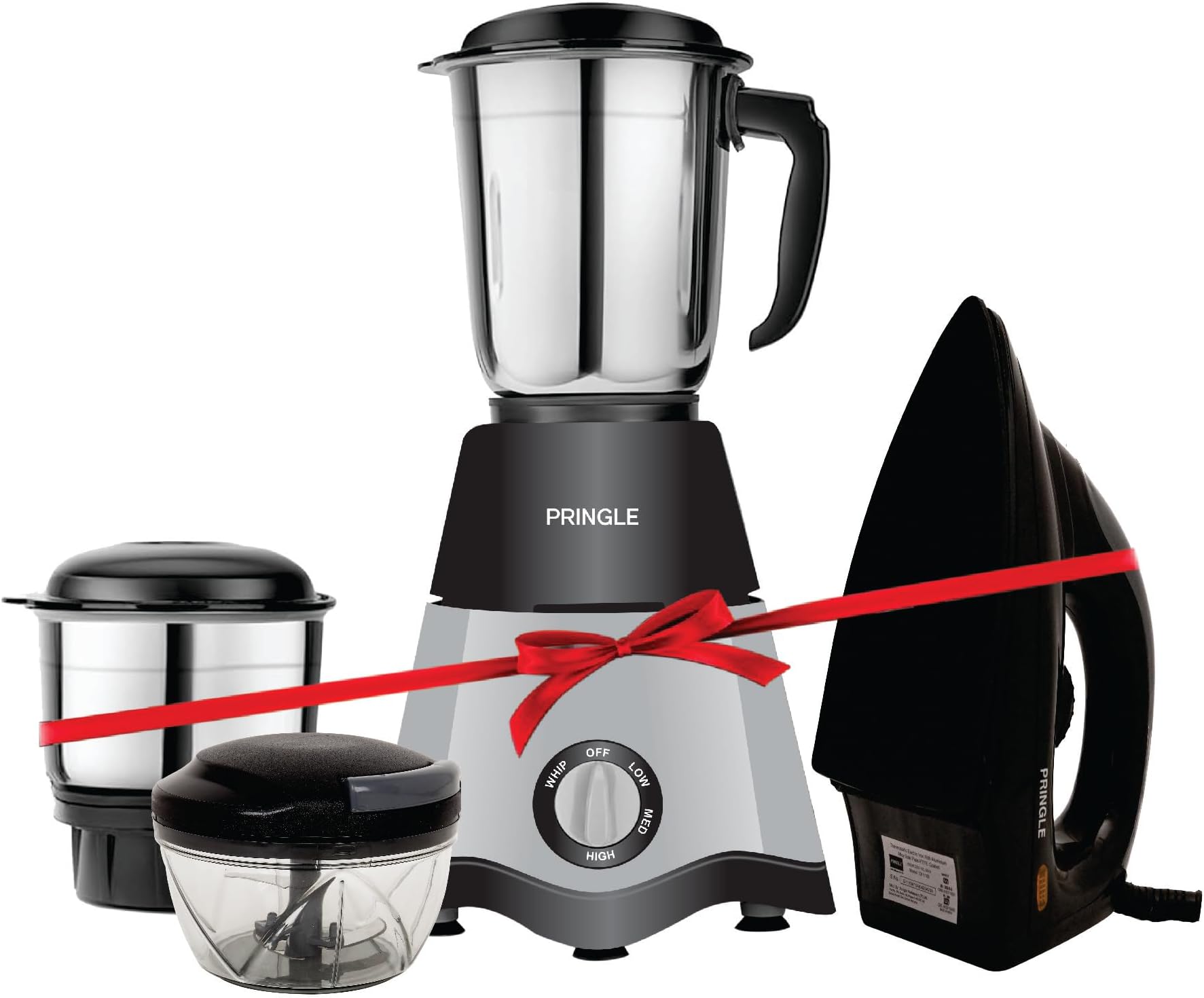 Pringle 500W 2 Jar Mixer Grinder with 3 Speed Control and 1000W Dry Non-Stick soleplate Iron and Pulling vegetable Chopper Super Combo (Black - 1 year Warranty)