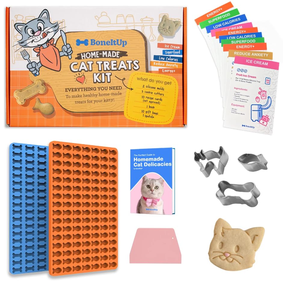 BoneItUp Homemade Cat Food Baking Kit - Vet Recommended Recipes & Premium Silicone Treat Mold Pack - Includes 10 Cards, Fun Bone & Fish Silicone Mold,