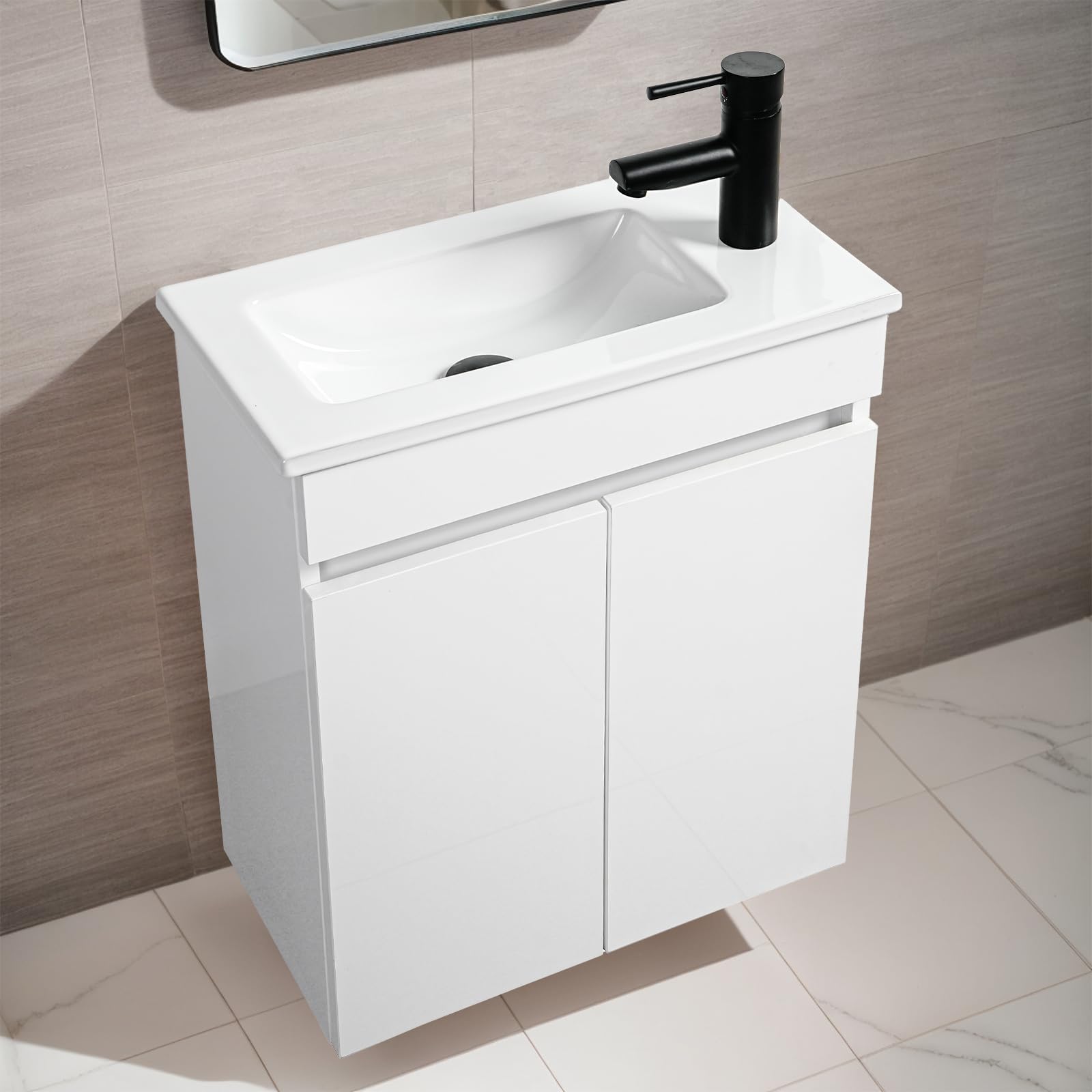 NUESTRA VIDA Armario colgante para debajo del lavabo de 50 cm, color blanco, juego de muebles de baño con lavabo de cerámica para pequeños baños e invitados (50 x 27 x 58 cm, sin grifería)